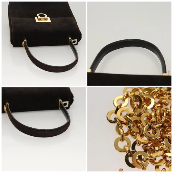 Salvatore Ferragamo Gancini Hand Bag Suede 2way Black Gold Auth BA2414 - Picture 16 of 16